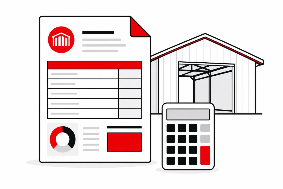 Price estimate document, steel building outline, and calculator illustrating metal building cost fundamentals