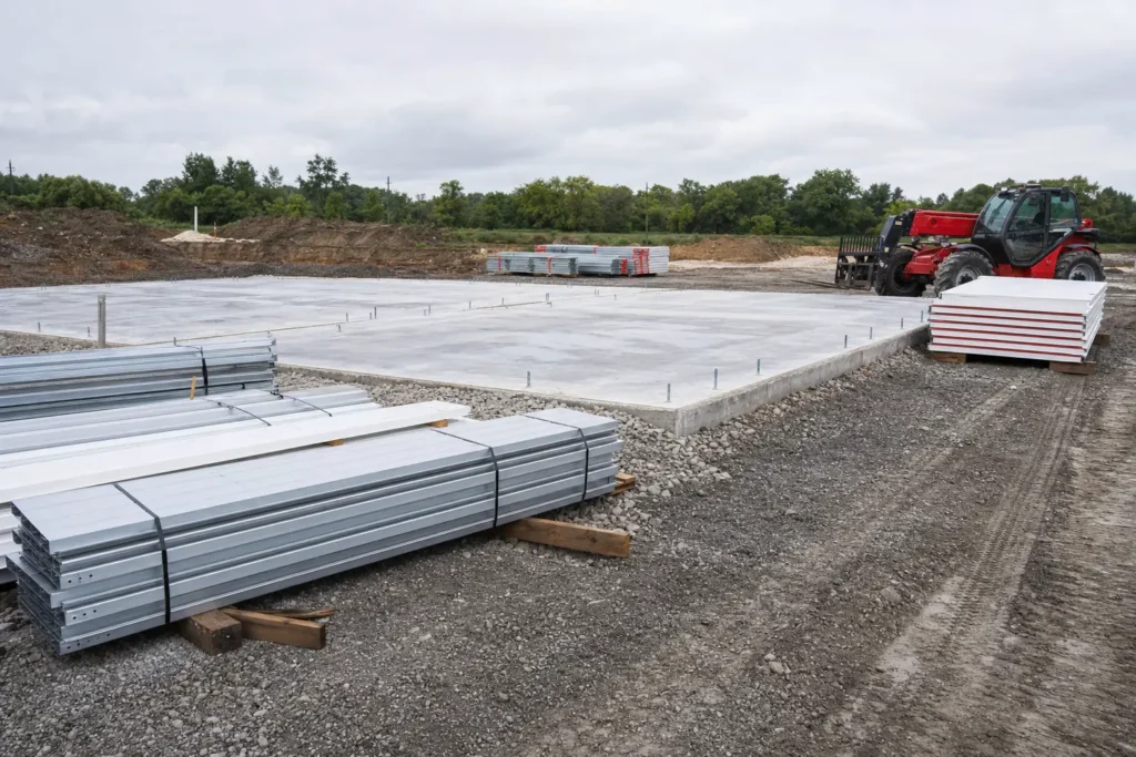 Metal Building Cost Overruns: The Expenses Buyers Miss 26 Metal building job site with a bare concrete slab, staged steel bundles, and a telehandler before erection begins