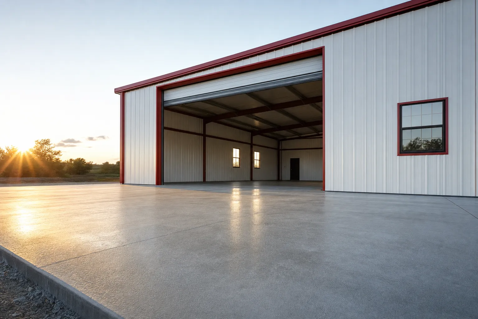 View across a fresh concrete slab toward a steel building with red trim, illustrating metal building cost per square foot