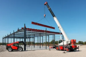 Mobile crane lifting a steel rafter onto a partially erected metal building frame with a telehandler nearby
