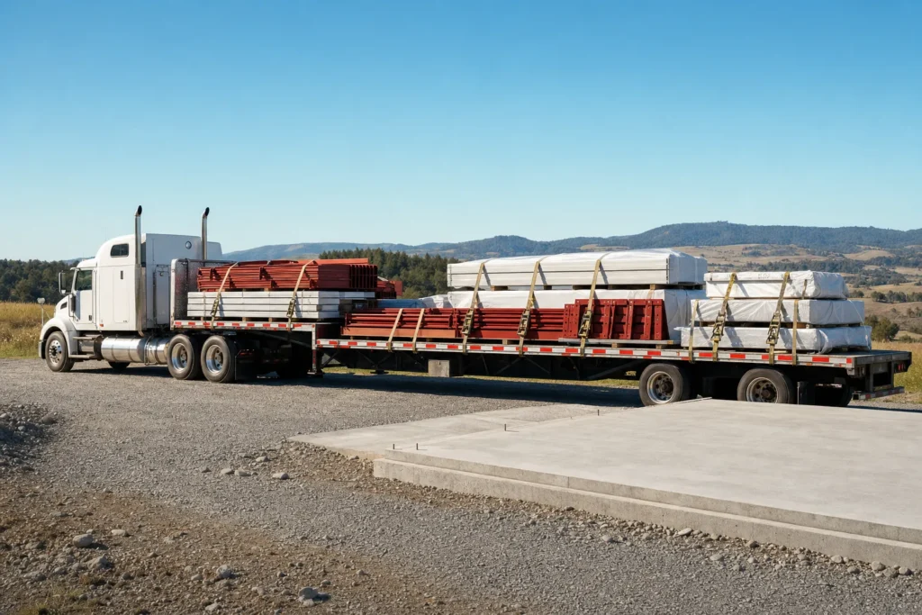 Metal Building Delivery Cost: Freight, Route Access, and Offloading 8 Flatbed truck delivering bundled steel building frames and panel packages to a prepared building site