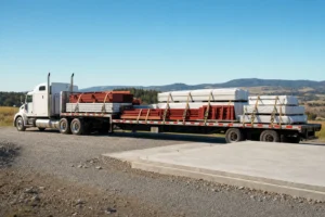 Flatbed truck delivering bundled steel building frames and panel packages to a prepared building site
