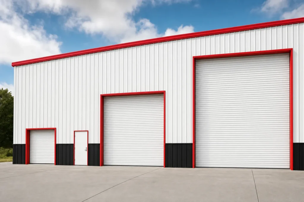 Metal Building Door Size Guide: Vehicle, RV, Equipment, and Aircraft Access 4 White metal building with three roll-up doors of different sizes illustrating door size options
