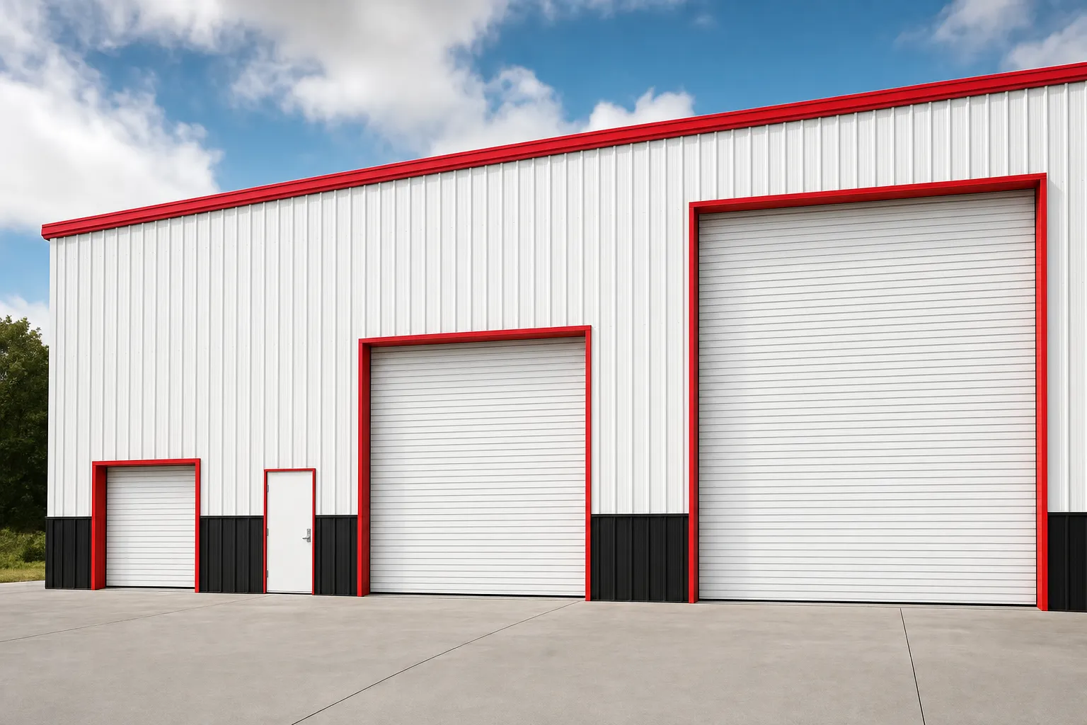 White metal building with three roll-up doors of different sizes illustrating door size options