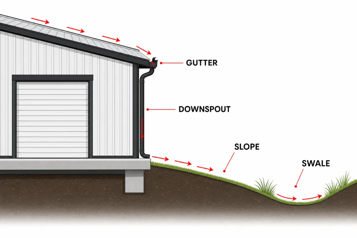 Cross-section diagram showing gutter, downspout, and ground slope carrying water away from a metal building