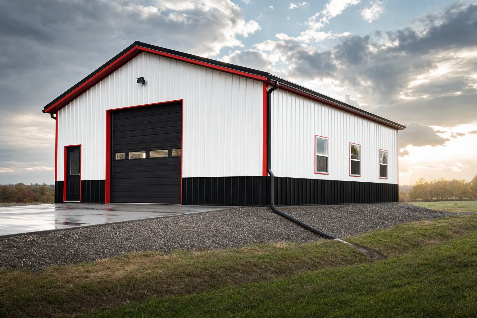 Metal building on a raised pad with gutters and a downspout draining away from the slab