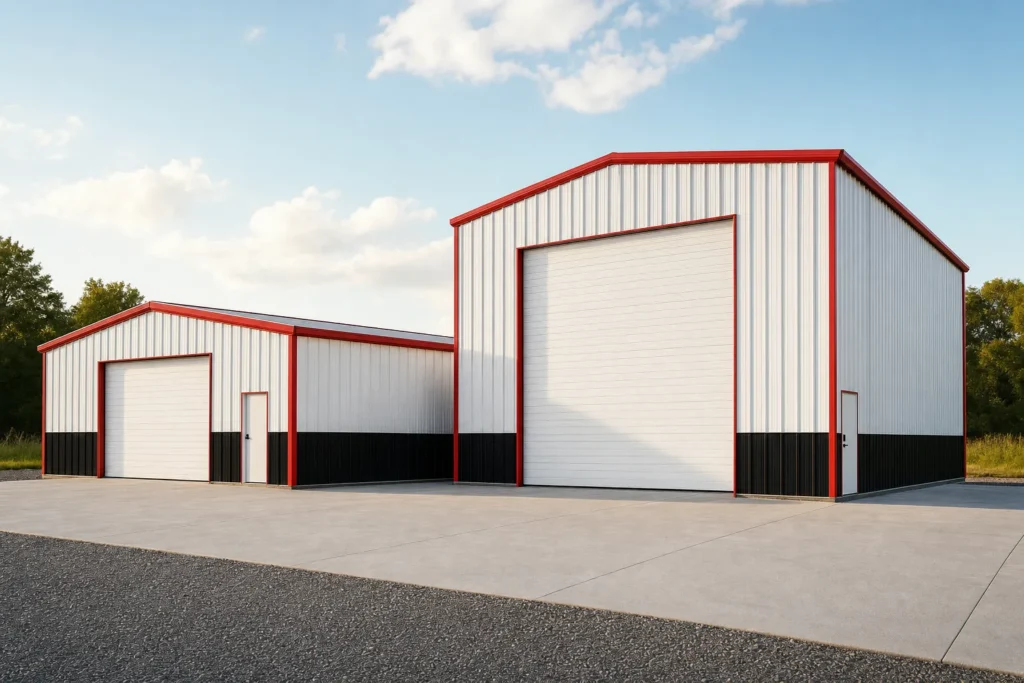 How to Choose Metal Building Eave Height by Use 8 Two white metal buildings with clearly different eave heights standing side by side