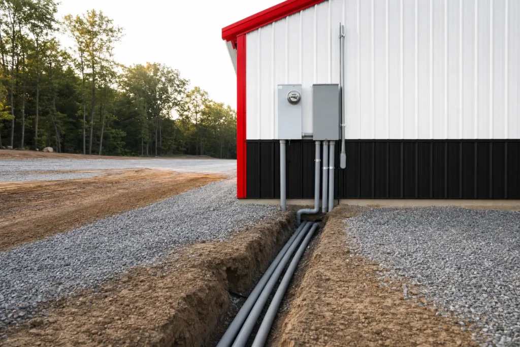 Trenched electrical conduit running to a metal building with a panel mounted on the end wall