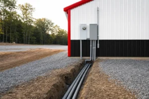 Trenched electrical conduit running to a metal building with a panel mounted on the end wall