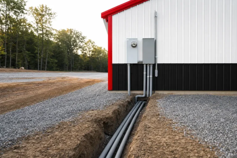 Trenched electrical conduit running to a metal building with a panel mounted on the end wall