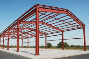Engineered red iron steel building frame erected on a concrete slab showing primary frames and bracing