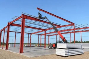 Red-iron metal building frame mid-erection with a telehandler lifting a rafter into place