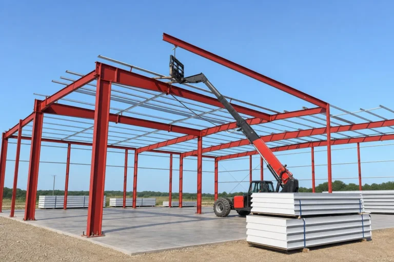 Red-iron metal building frame mid-erection with a telehandler lifting a rafter into place