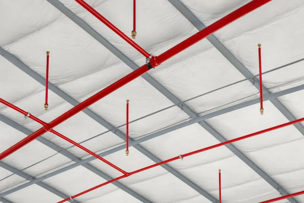 Red fire sprinkler piping and heads beneath the roof of a commercial metal building