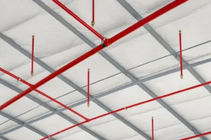 Red fire sprinkler piping and heads beneath the roof of a commercial metal building