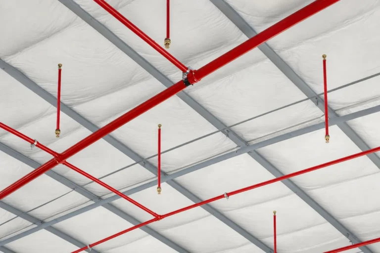 Red fire sprinkler piping and heads beneath the roof of a commercial metal building