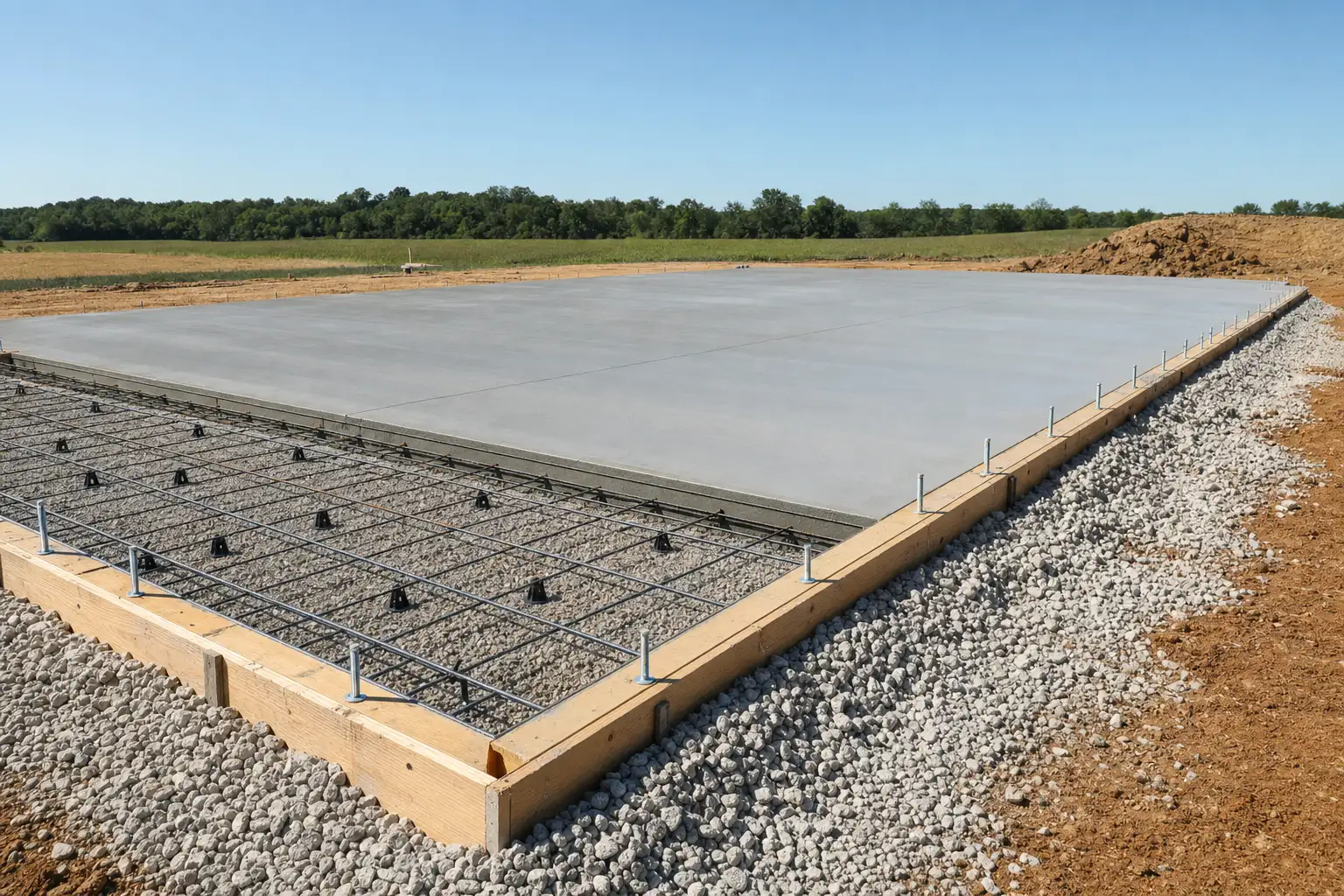 Freshly poured concrete slab foundation with edge forms, anchor bolts, and rebar prepared for a metal building