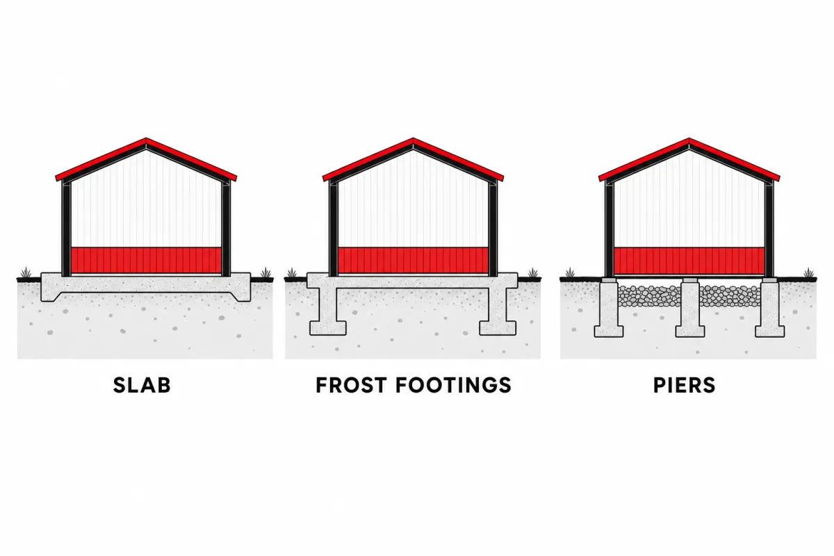 Metal Building Foundation Cost: Slab, Perimeter, Pier, and Footing Options 4 Cross-section diagram comparing a monolithic slab, a slab with frost footings, and pier foundations for a metal building