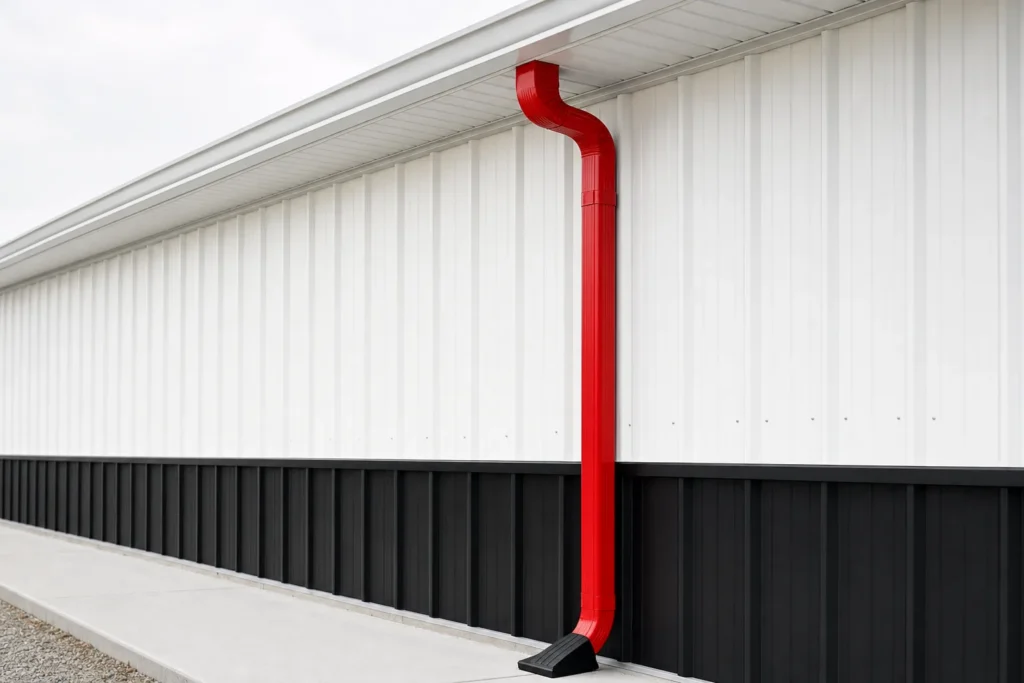 Metal Building Gutters and Downspouts Cost Guide 15 Gutter line and downspout along the eave of a white metal building protecting the slab edge
