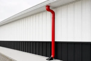 Gutter line and downspout along the eave of a white metal building protecting the slab edge