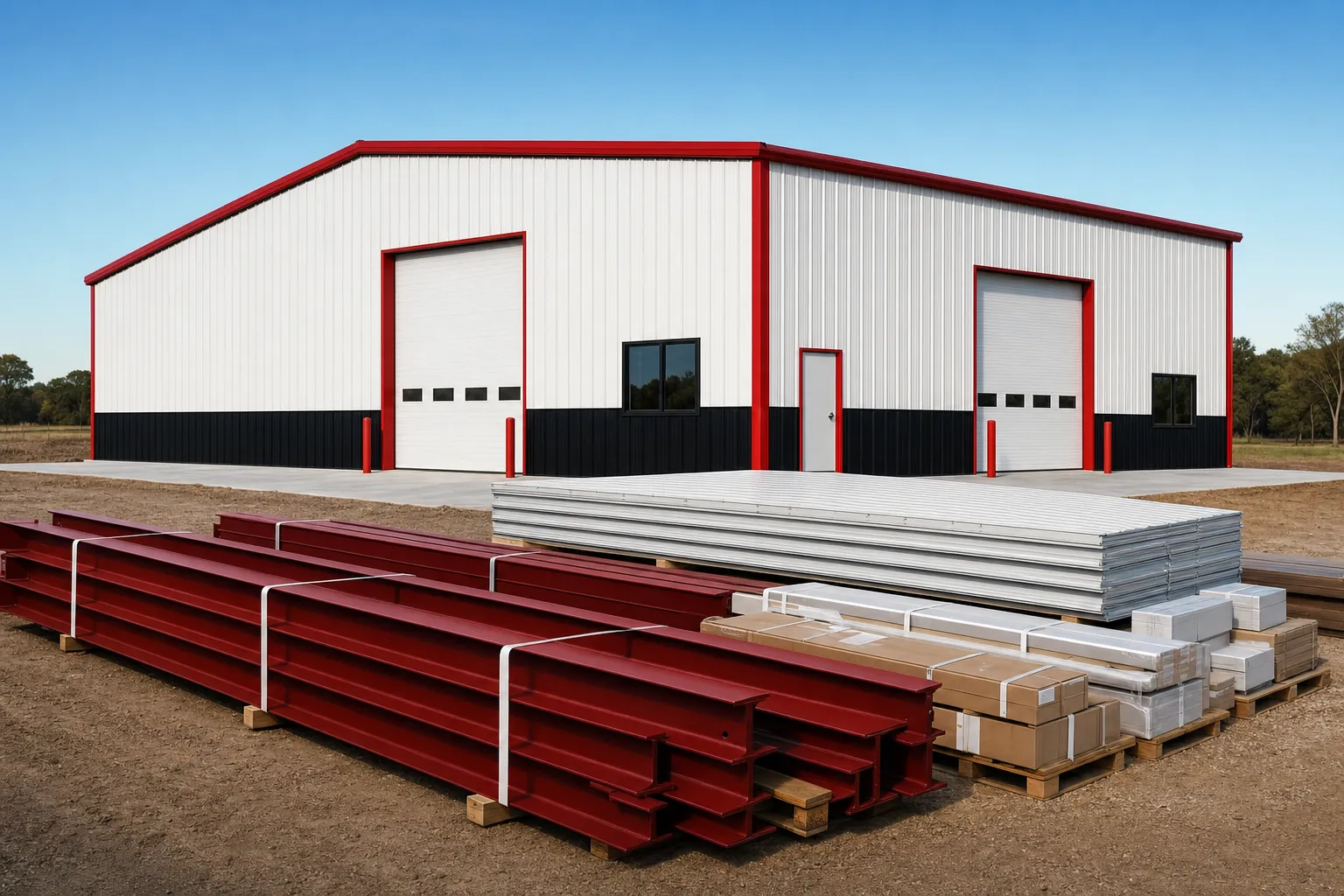 Bundled steel building kit components staged in front of the same building fully erected on a concrete slab