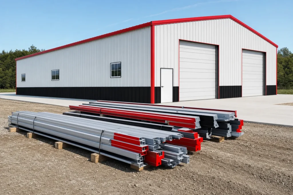 Metal Building Kit vs Turnkey Metal Building: Which Is Right for You? 14 Stacked metal building kit bundles in front of a completed turnkey steel building