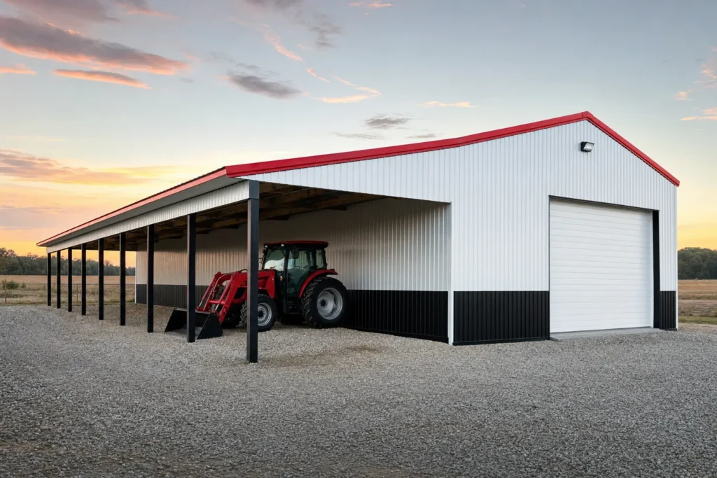 Lean-To, Porch, Overhang, and Mezzanine Cost for Metal Buildings 13 White metal building with an open lean-to addition along its sidewall sheltering equipment