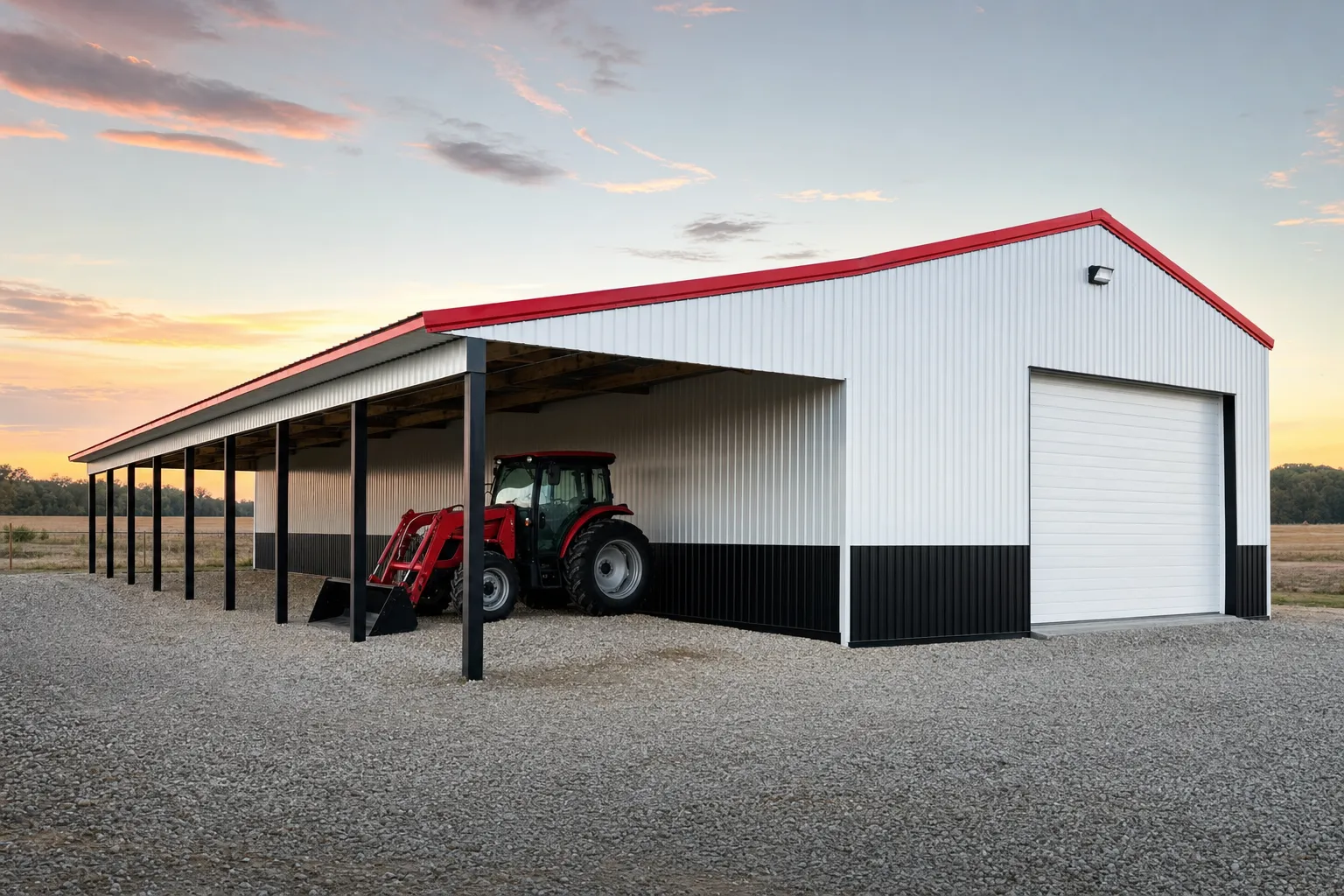 White metal building with an open lean-to addition along its sidewall sheltering equipment