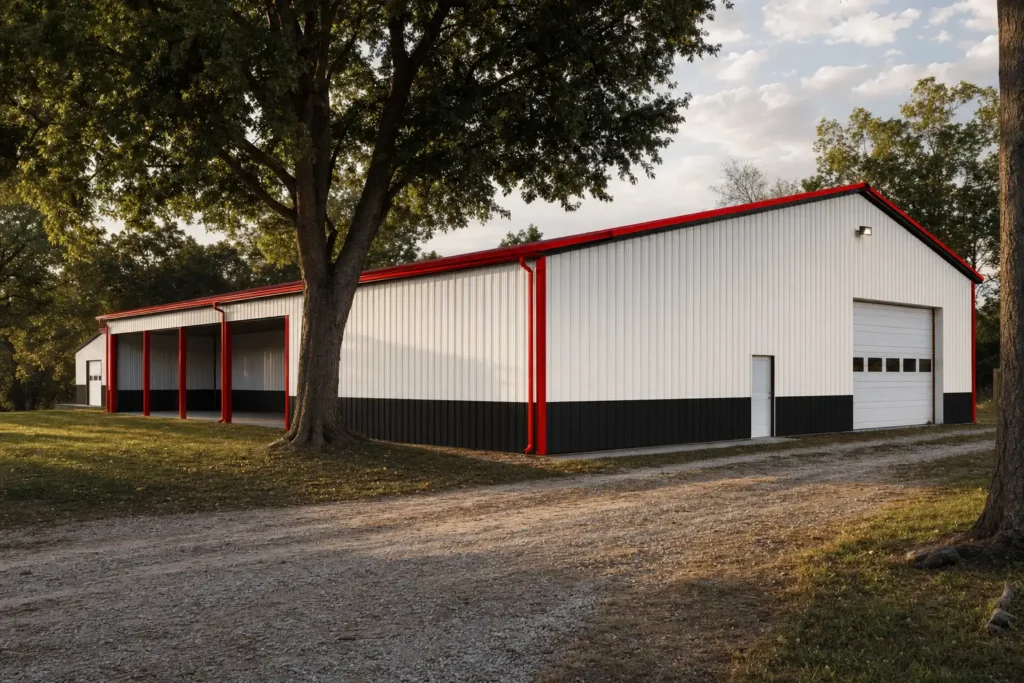 Metal Building Lifetime Cost: Maintenance, Insurance, Repairs, and Resale 8 Well-maintained older metal building with gutters among mature trees at evening