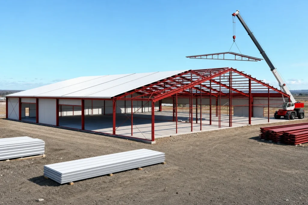 Metal Building Ordering Timeline: Quote, Engineering, Delivery, and Erection 4 Metal building mid-erection with half the roof paneled and a crane lifting a rafter