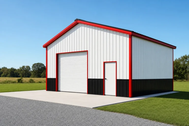 Clean newly completed small metal building with white panels, black wainscot, and red trim on a concrete slab