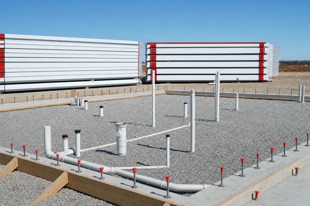 PVC plumbing rough-in stubs rising from gravel before a metal building slab pour