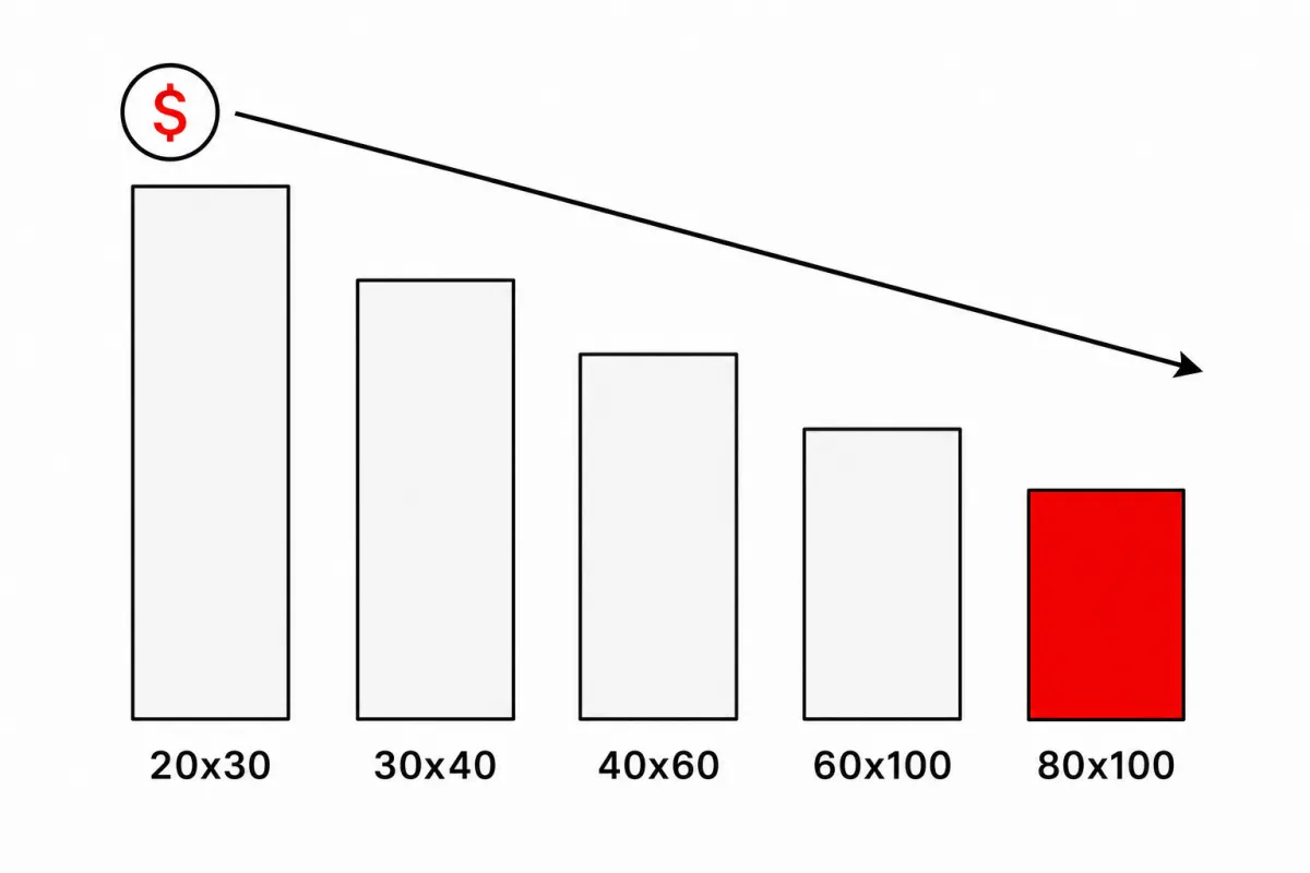 Bar chart of metal building price per square foot declining as footprint size grows