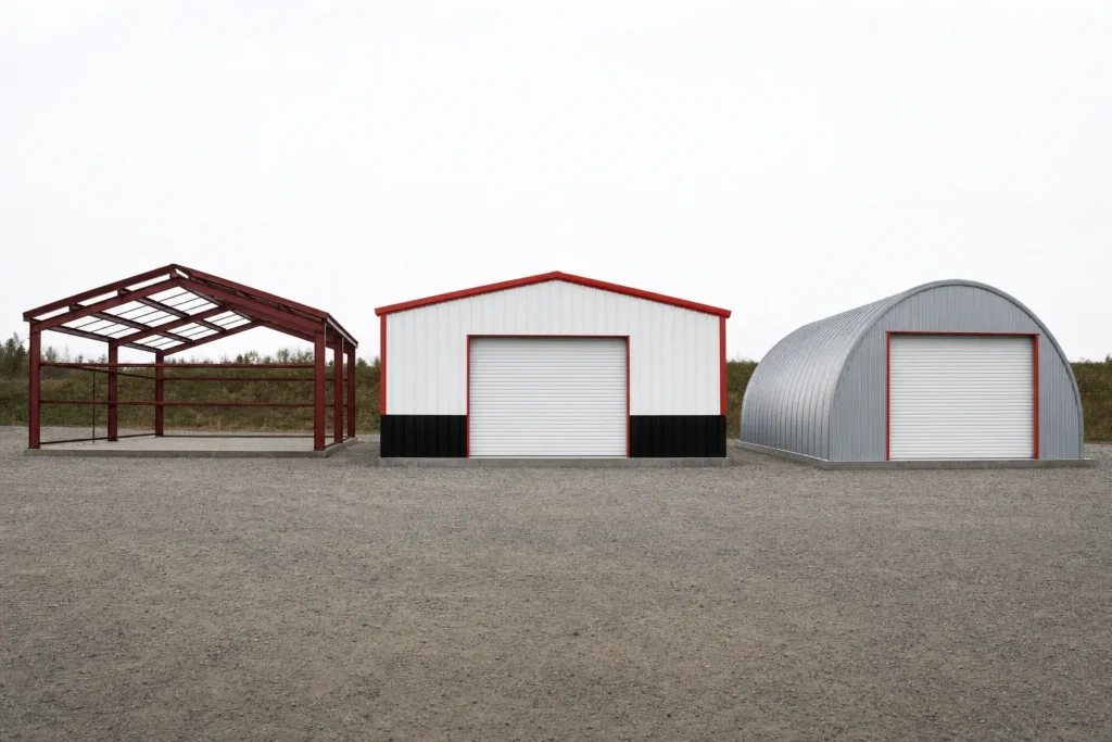 Three steel building frame types side by side: red iron skeleton, straight-wall garage, and quonset arch