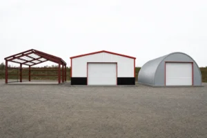 Three steel building frame types side by side: red iron skeleton, straight-wall garage, and quonset arch
