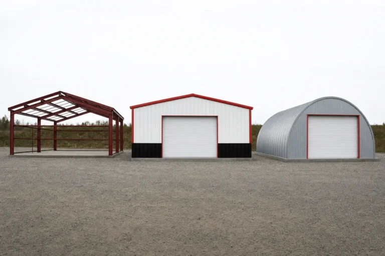 Three steel building frame types side by side: red iron skeleton, straight-wall garage, and quonset arch