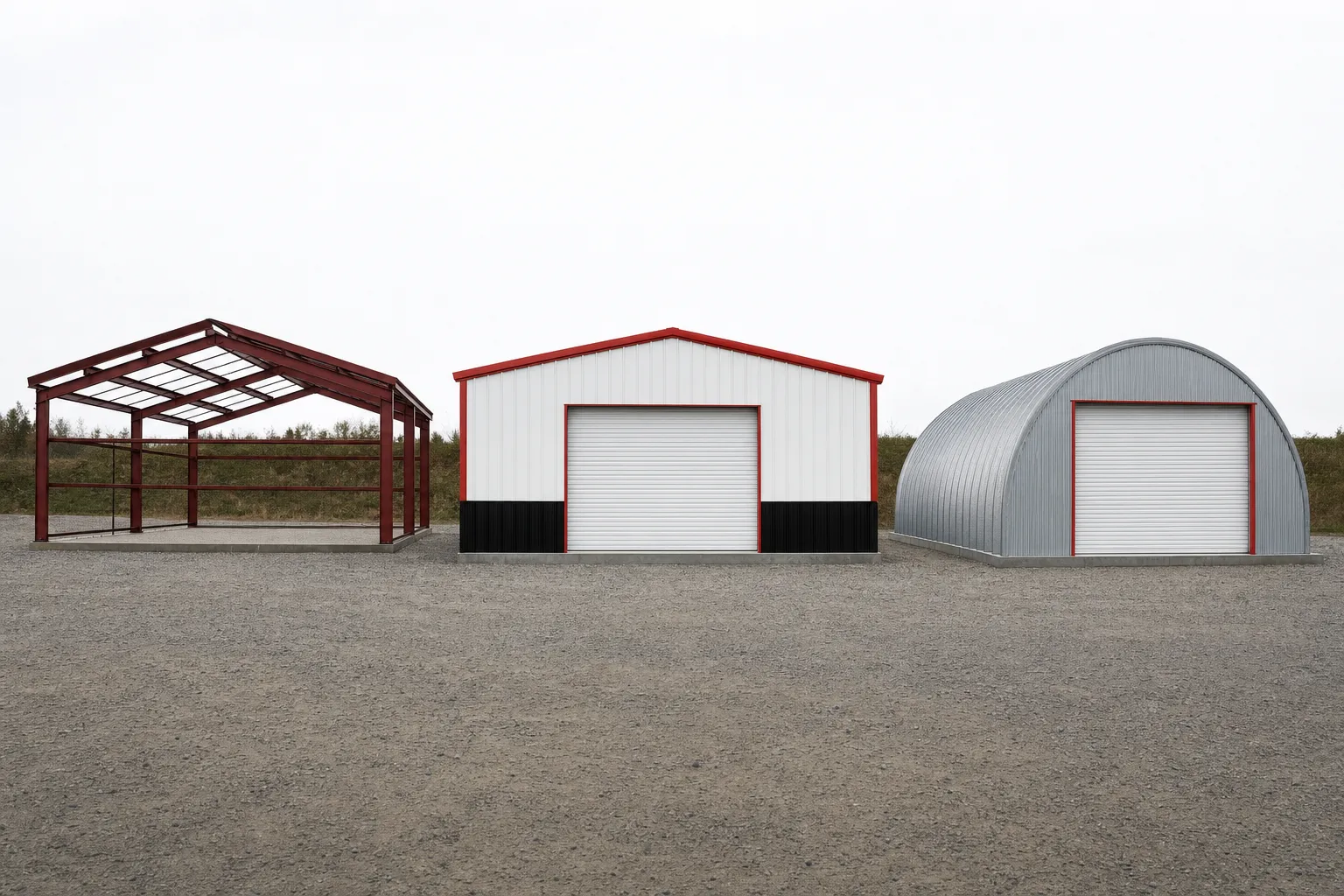 Three steel building frame types side by side: red iron skeleton, straight-wall garage, and quonset arch