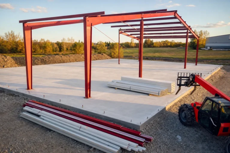 Metal building mid-construction with cured slab, partially erected red iron frame, and staged wall panels