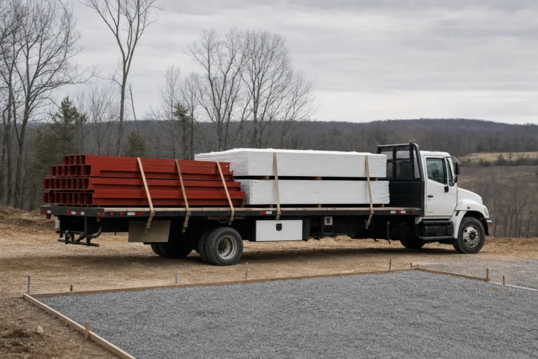 Flatbed truck delivering bundled steel building kit components to a graded job site