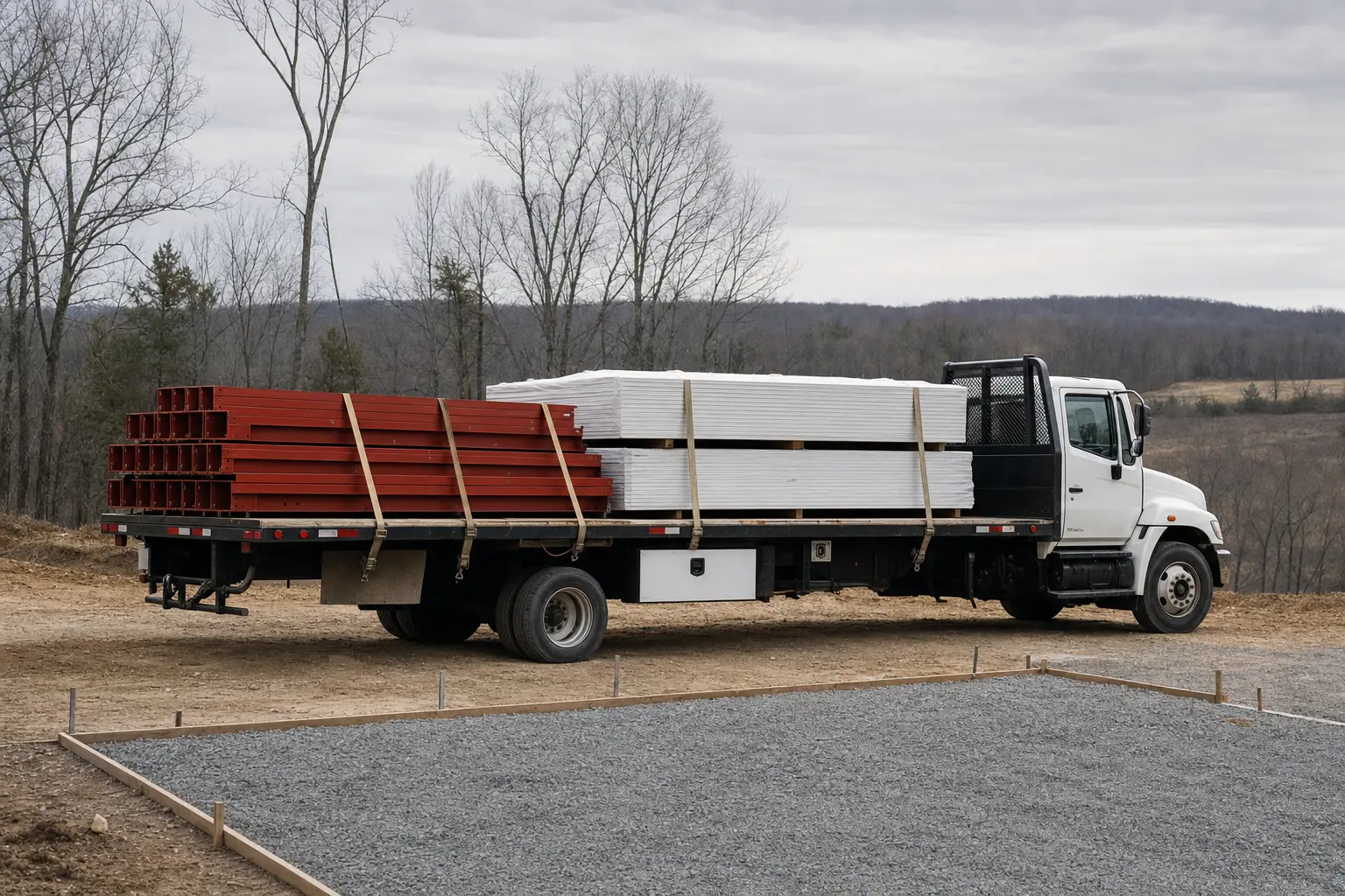 Flatbed truck delivering bundled steel building kit components to a graded job site