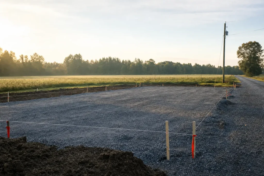 Graded and staked rural building site prepared for a metal building