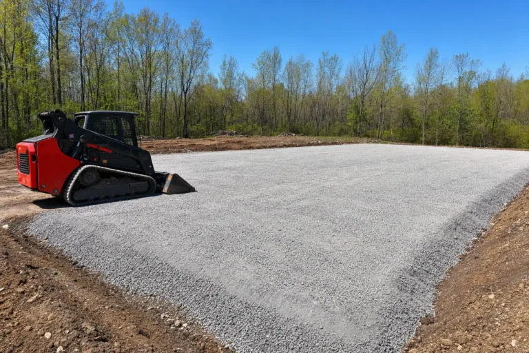 Graded and compacted gravel building pad with a skid steer and drainage swales prepared for a metal building