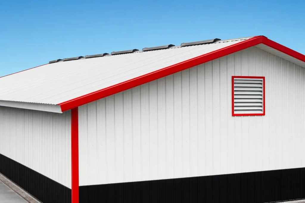 Metal Building Ventilation Cost: Ridge Vents, Louvers, and Exhaust Fans 17 Metal building roof line with ridge vents at the peak and a louver on the gable wall