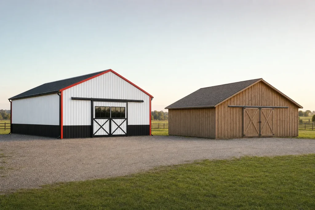 Metal Building vs Pole Barn Cost: Upfront and Long-Term Comparison 12 Steel metal building beside a wood pole barn on a rural pasture for cost comparison