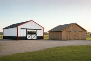 Steel metal building beside a wood pole barn on a rural pasture for cost comparison