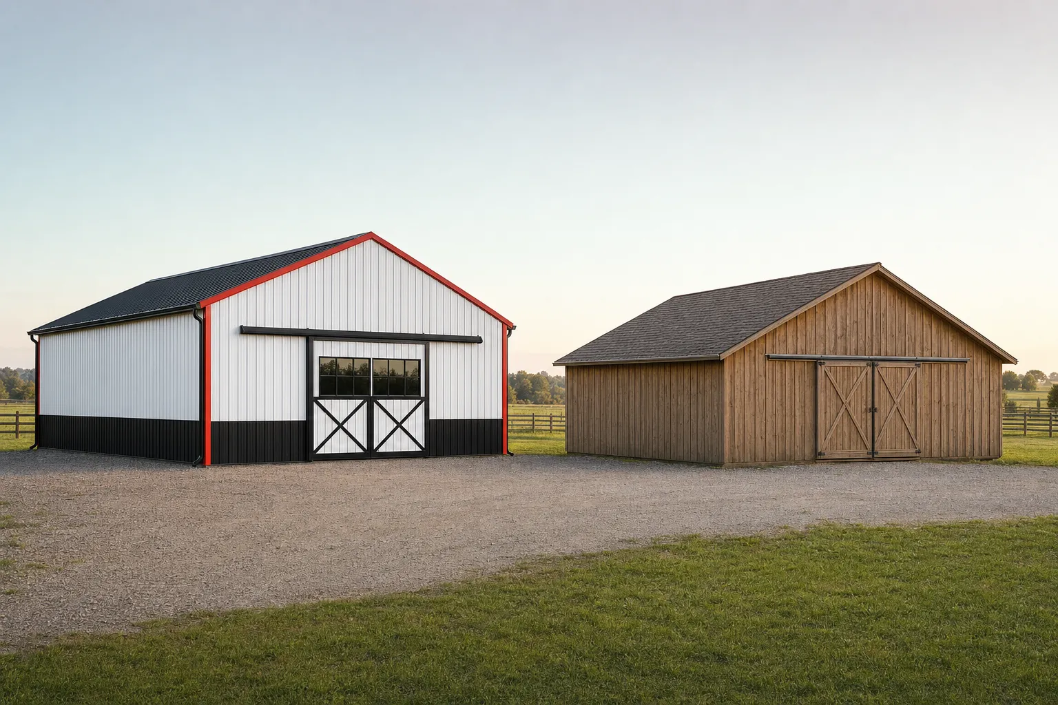 Steel metal building beside a wood pole barn on a rural pasture for cost comparison
