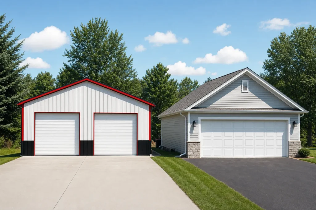Metal Building vs Wood Garage Cost: Price, Maintenance, and Lifespan 10 Steel two-car garage beside a wood-framed two-car garage for price and lifespan comparison