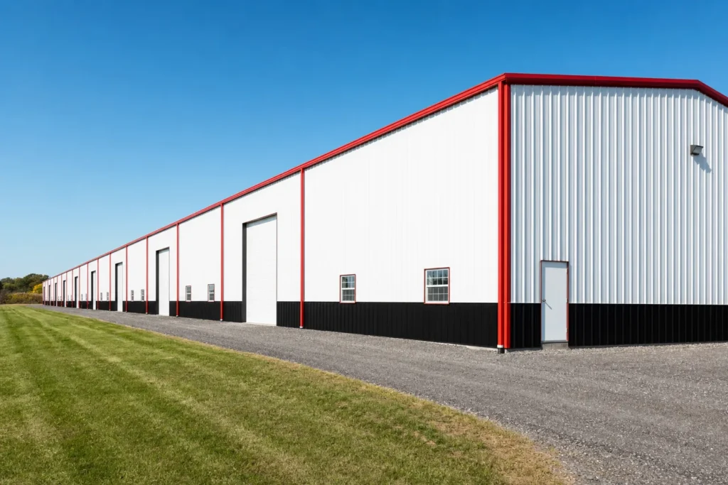 How to Choose the Right Metal Building Width and Length 6 Long white metal building shown at an angle that emphasizes its width and repeated length bays