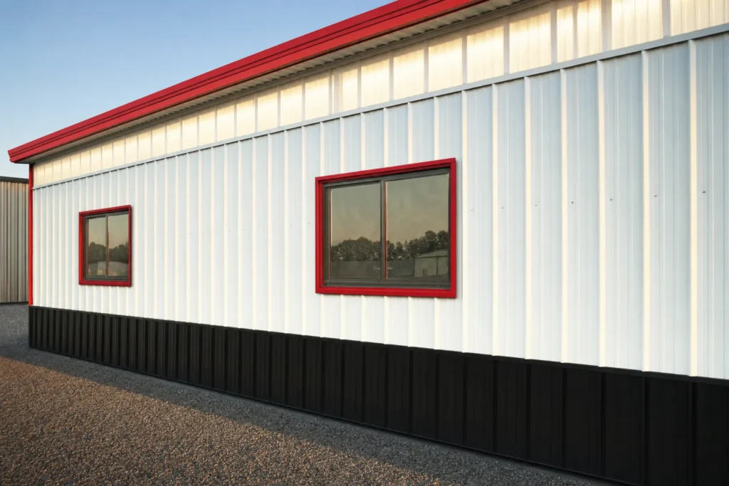 Metal Building Window and Skylight Cost Guide 19 White metal building with framed windows and translucent skylight panels in the roof