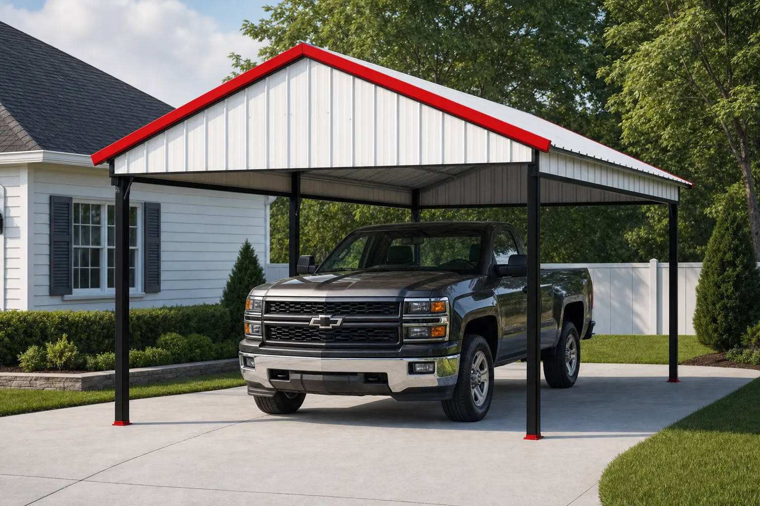 A single-bay steel carport with a vertical metal roof installed over a pickup truck in a suburban driveway